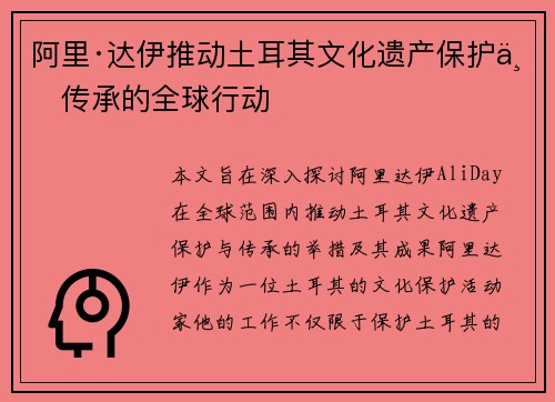阿里·达伊推动土耳其文化遗产保护与传承的全球行动 阿里·达伊推动土耳其文化遗产保护与传承的全球行动
