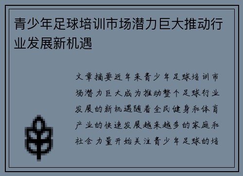 青少年足球培训市场潜力巨大推动行业发展新机遇