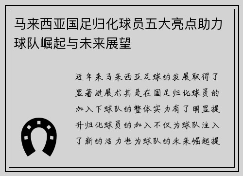 马来西亚国足归化球员五大亮点助力球队崛起与未来展望