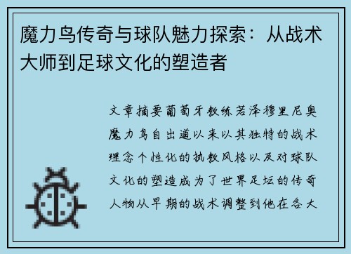 魔力鸟传奇与球队魅力探索：从战术大师到足球文化的塑造者